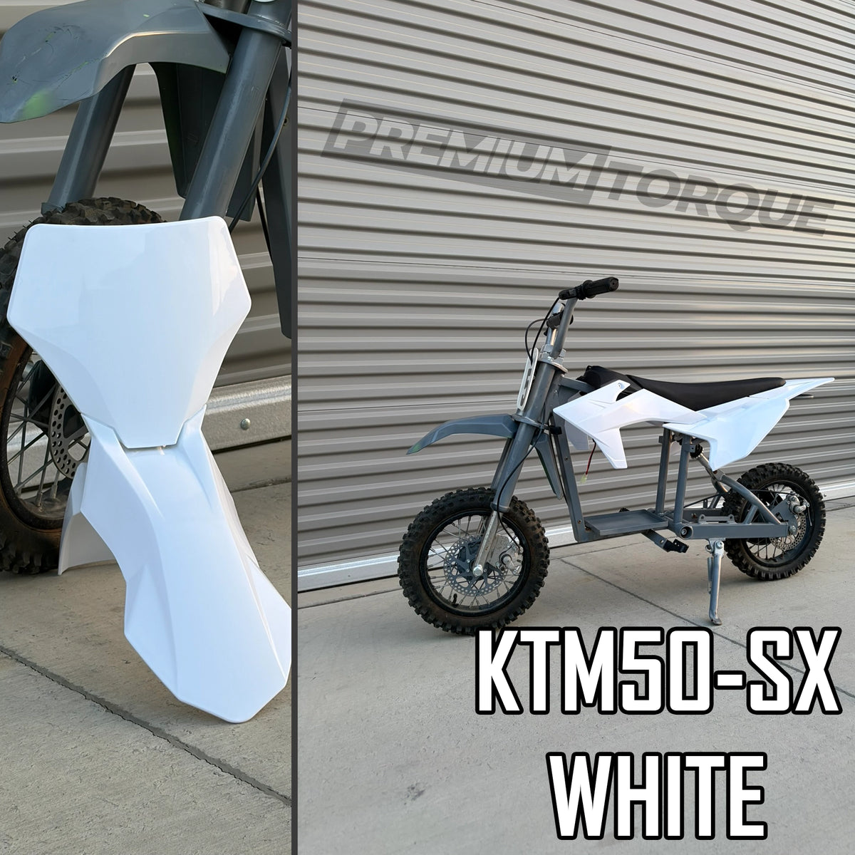 White KTM50-style plastics kit installed on a Razor SX500